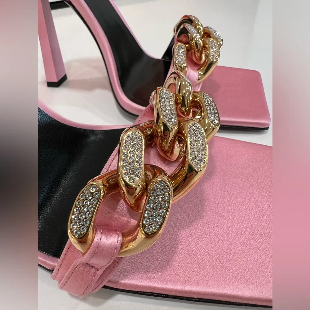 VERSACE Charm Crystal Chain High-Heel Sandals in PInk IT39/US9